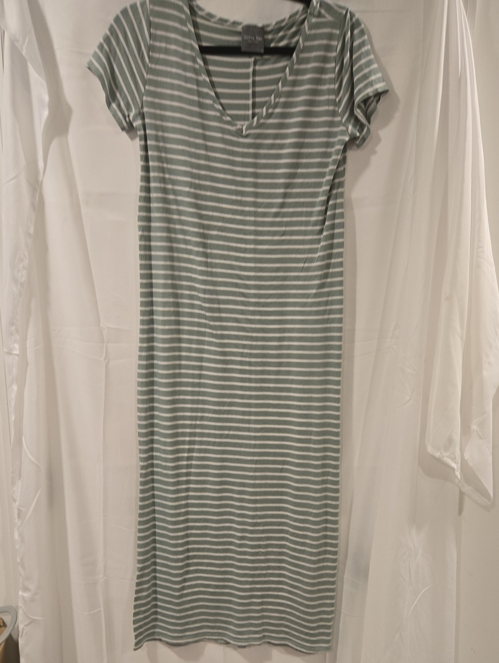 Olivia Rae Sage Green and White Striped V-Neck Maxi Dress